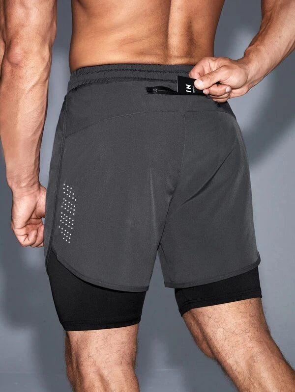 Men Drawstring Waist 2 In 1 Sports Shorts With Phone Pocket