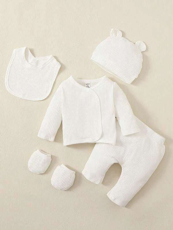Newborn Baby Solid Ribbed Knit Tee & Pants & Bib & Hat & Gloves