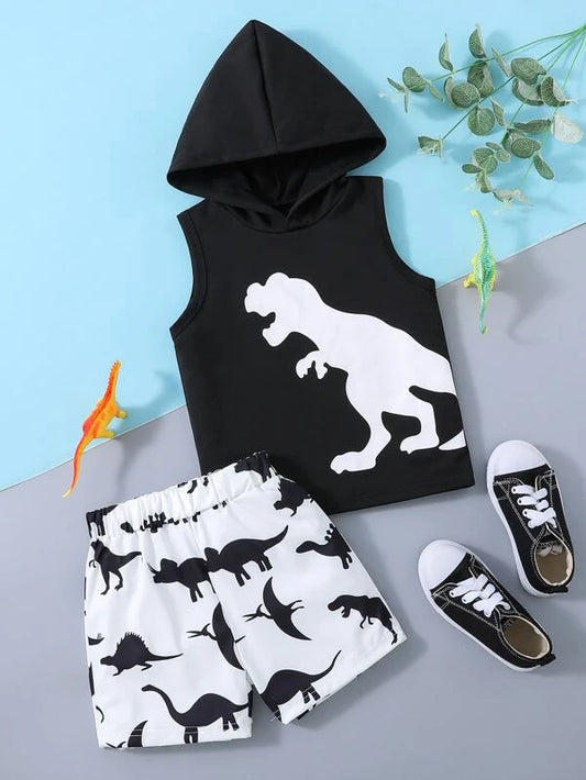 Toddler Boys Dinosaur Print Hooded Tank Top & Shorts