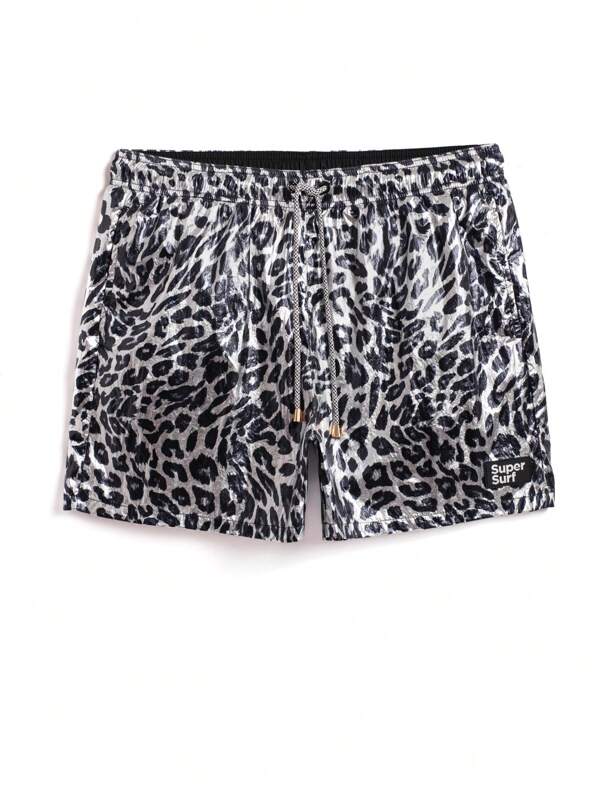 Men Leopard Print Drawstring Waist Swim Trunks