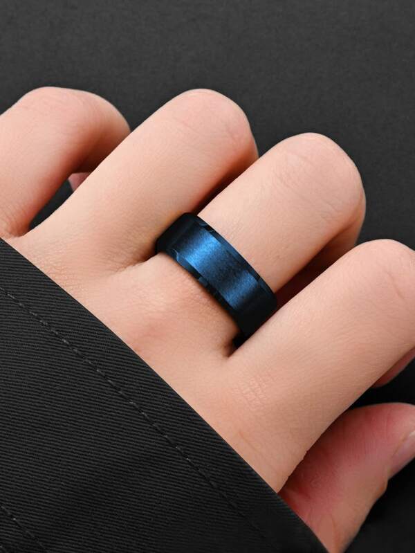 1Pc Simple 8mm Stainless Steel Rings For Men Women Blue Matte Finish Beveled Polished Edge Men Ring Wedding Band Jewelry