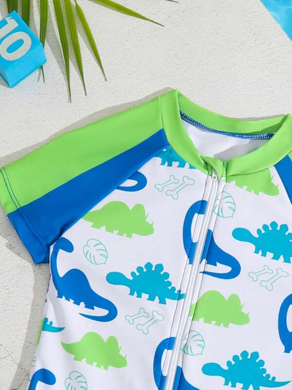 Toddler Boys Dinosaur Print Zipper Front One Piece Swimsuit