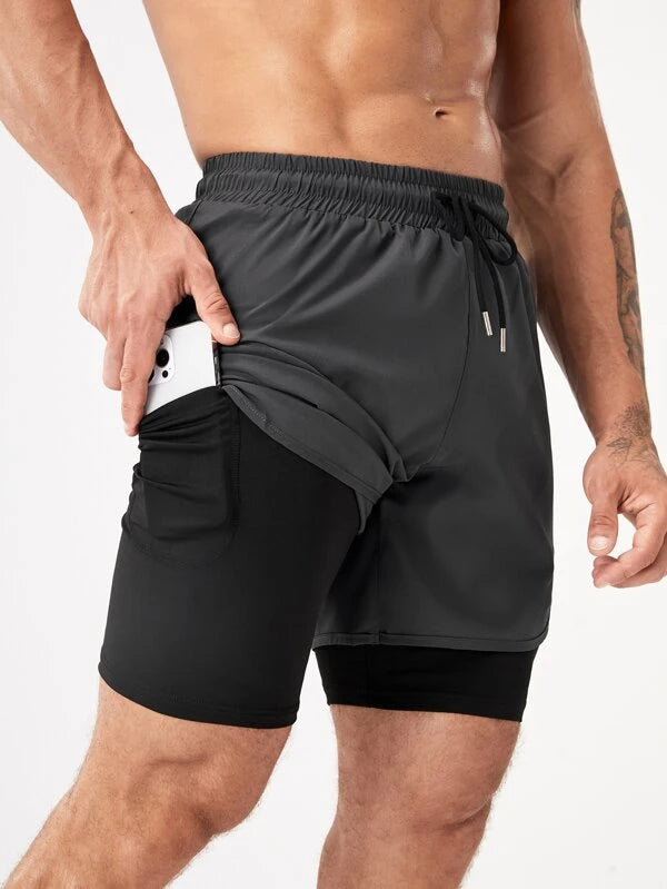 Men Drawstring Waist 2 In 1 Sports Shorts With Phone Pocket