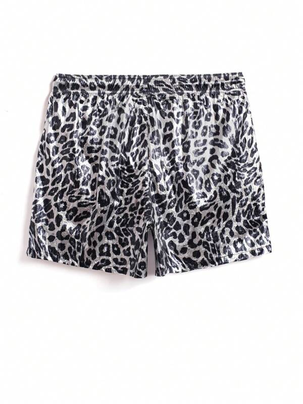 Men Leopard Print Drawstring Waist Swim Trunks