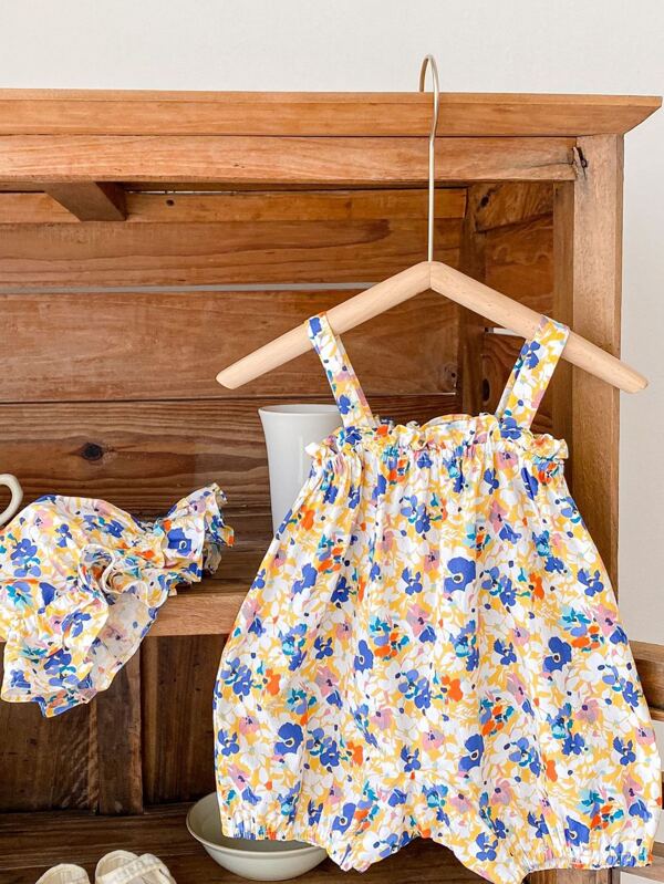 Baby Girl Floral Print Cami Romper & Hat