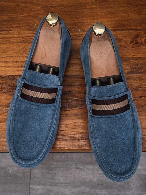 Men Striped Tape Decor Suede Casual Loafers Walking Shoes