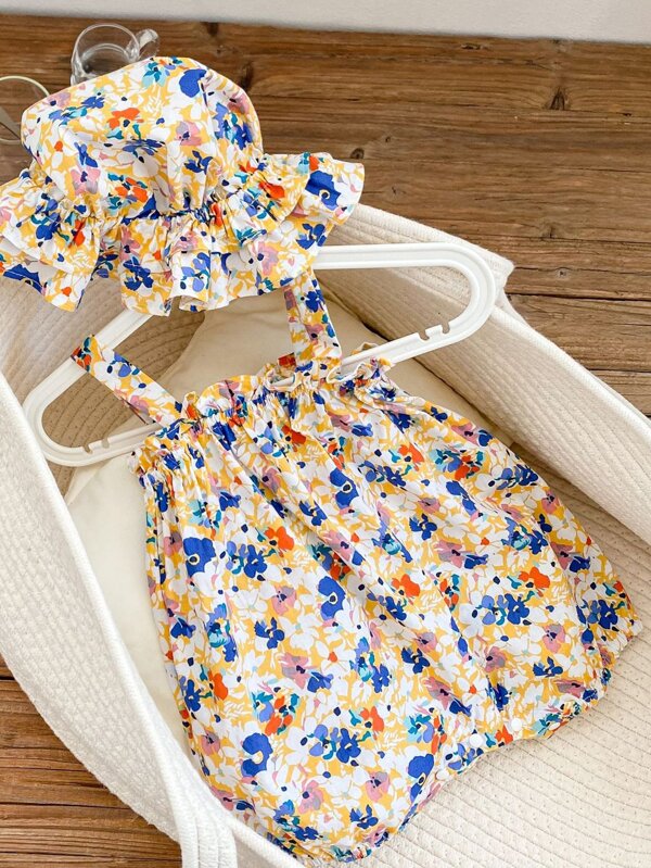 Baby Girl Floral Print Cami Romper & Hat