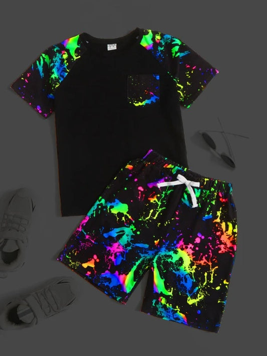 SHEIN Boys Reflective Graphic Print Patched Pocket Raglan Sleeve Tee & Drawstring Waist Shorts