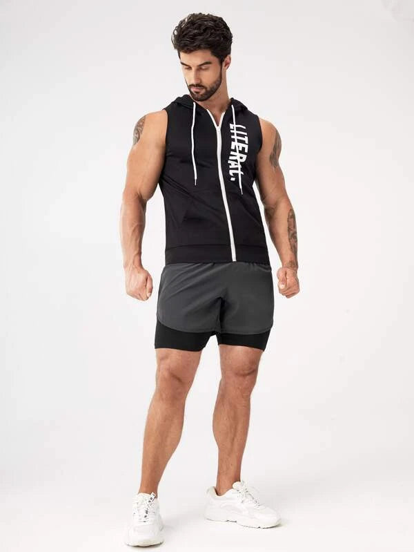 Men Drawstring Waist 2 In 1 Sports Shorts With Phone Pocket