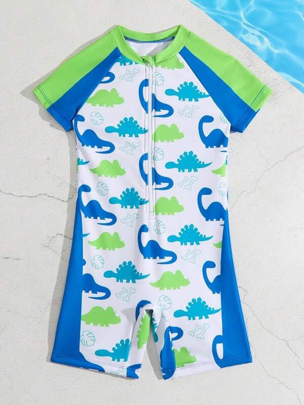 Toddler Boys Dinosaur Print Zipper Front One Piece Swimsuit