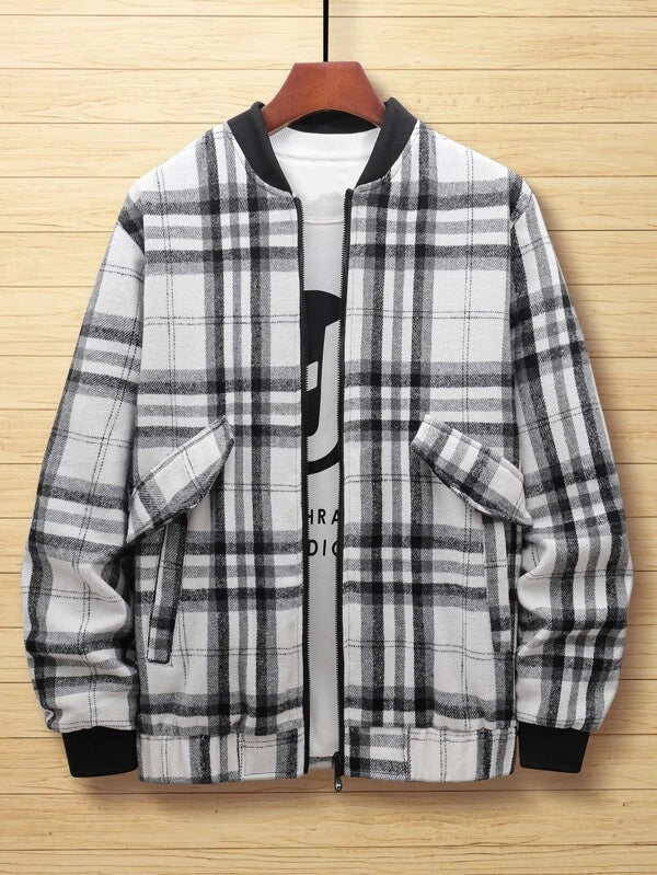 Men Plaid Print Zip Up Bomber Jacket Without Tee