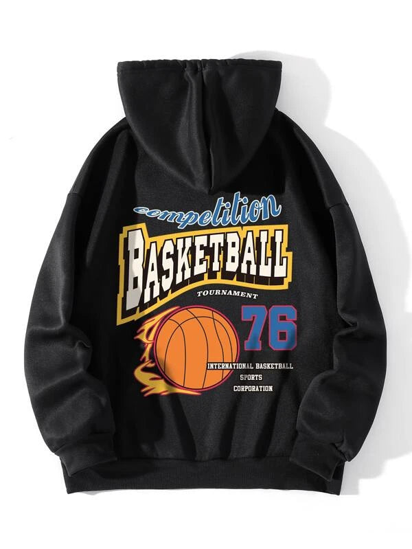 SHEIN EZwear Basketball & Letter Graphic Drawstring Thermal Hoodie