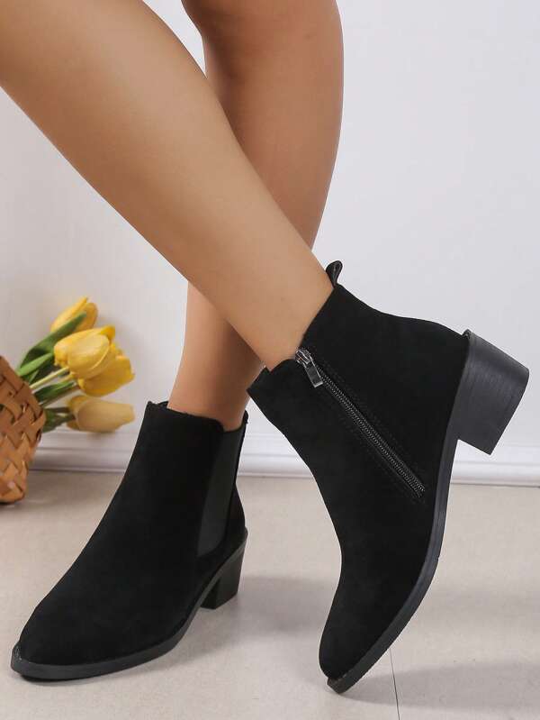 Women's Pointed Toe Fashionable Solid Color Chunky Heel Boots With Side Zipper, Versatile Style