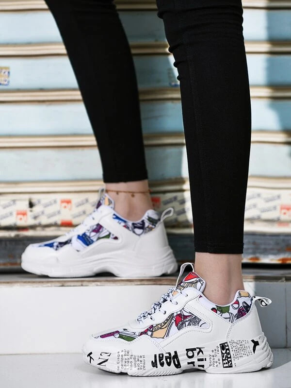 Graffiti Graphic Lace-Up Front Women Chunky Sneakers With Design