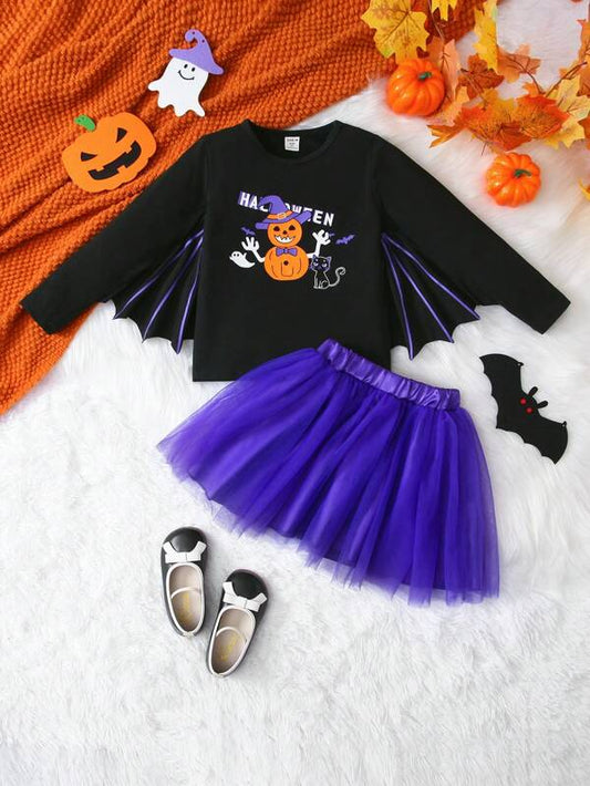 Young Girls' Cute Pumpkin Printed Mesh Purple High Waist Skirt With Batwing Sleeve Top Halloween Outfits 2pcs/set
