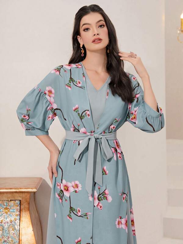 SHEIN Najma Floral Print Belted Abaya Set