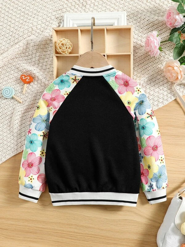 Toddler Girls Floral Print Raglan Sleeve Varsity Jacket