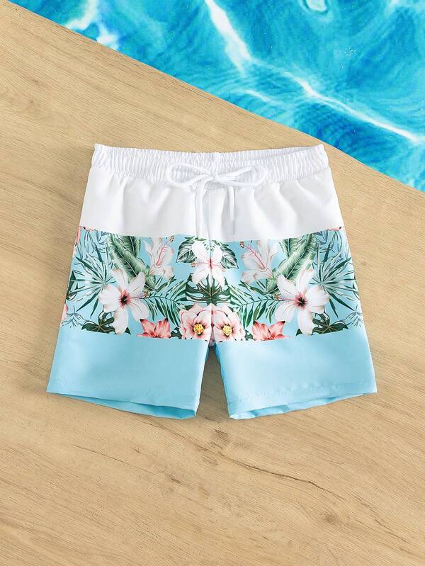 Toddler Boys 1pc Tropical Print Drawstring Waist Swim Shorts