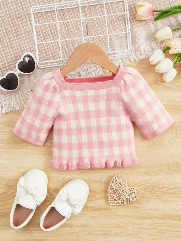 SHEIN Kids EVRYDAY Toddler Girls Gingham Pattern Sweater