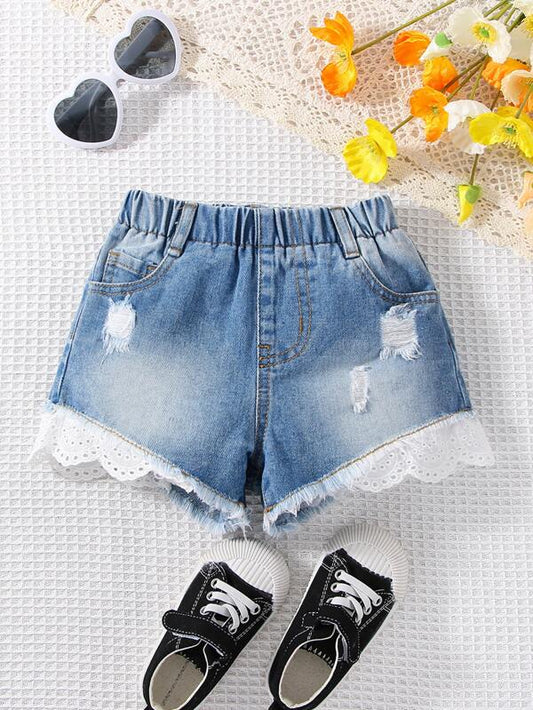 SHEIN Kids FANZEY Toddler Girls Scallop Eyelet Embroidery Trim Ripped Frayed Denim Shorts