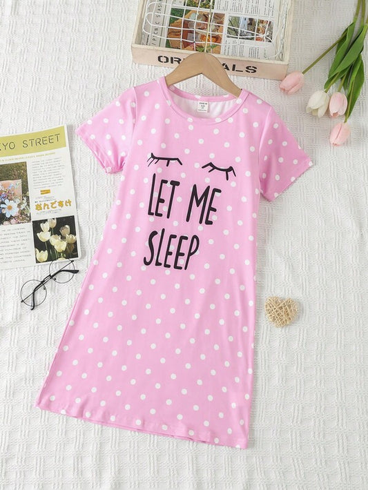 Young Girl Eyelash & Slogan Graphic Polka Dot Print Nightdress