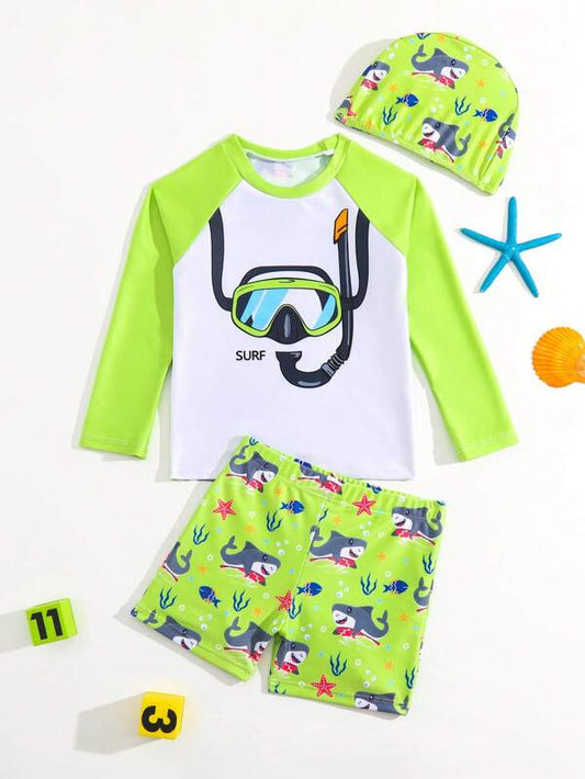 SHEIN Kids QTFun Toddler Boys Cartoon Graphic Beach Swimsuit With Swim Cap