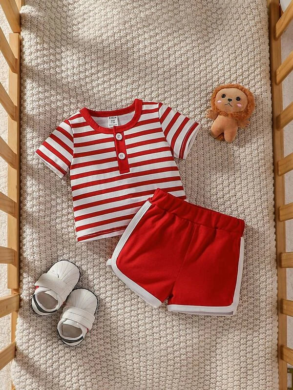 Baby Striped Half Button Tee & Contrast Binding Shorts