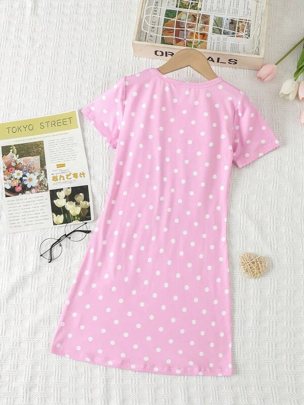 Young Girl Eyelash & Slogan Graphic Polka Dot Print Nightdress