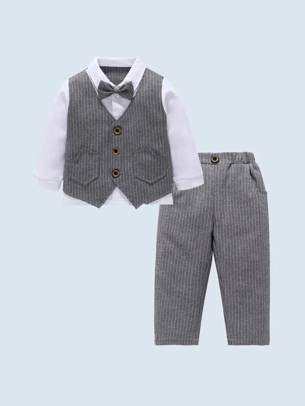 Toddler Boys Bow Front Shirt & Pinstriped Vest Jacket & Pants