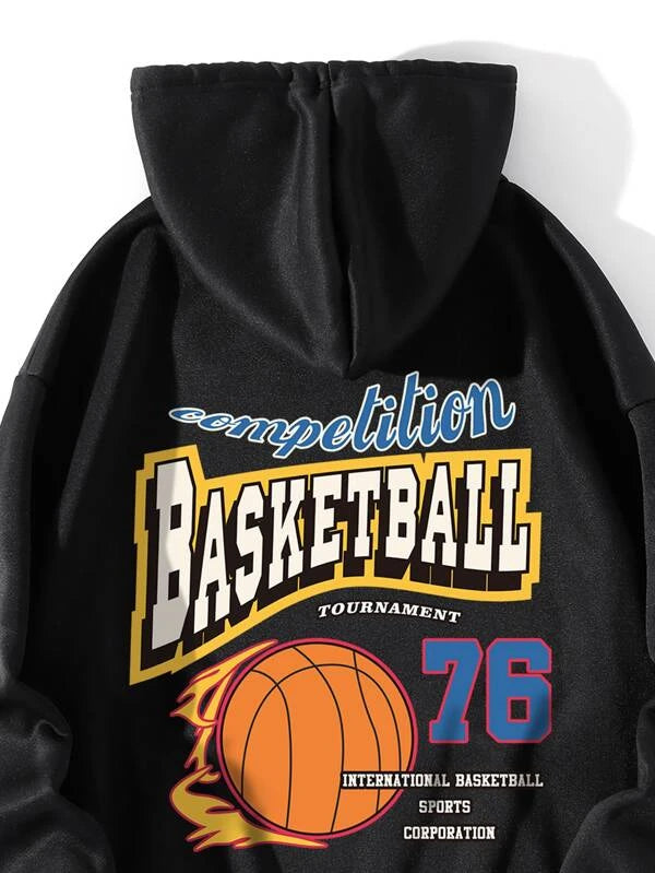 SHEIN EZwear Basketball & Letter Graphic Drawstring Thermal Hoodie