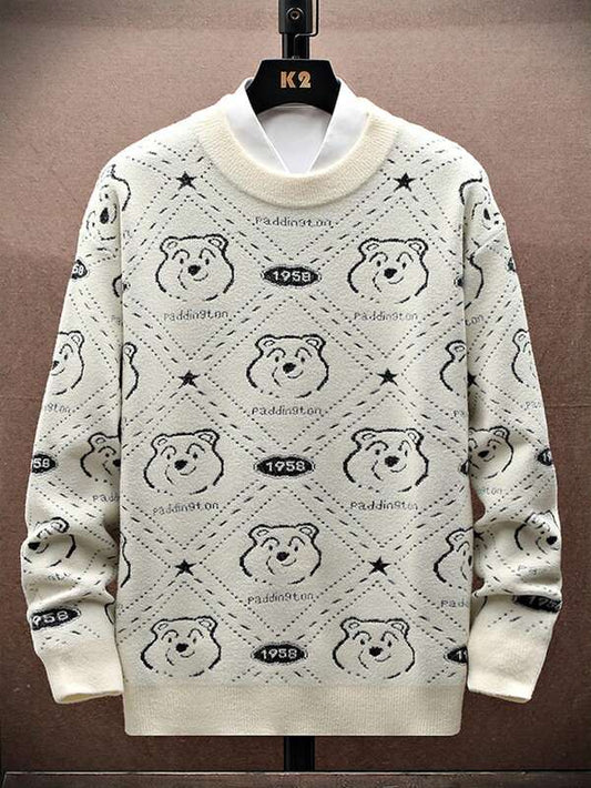 Men Bear & Letter Pattern Sweater Without Shirt