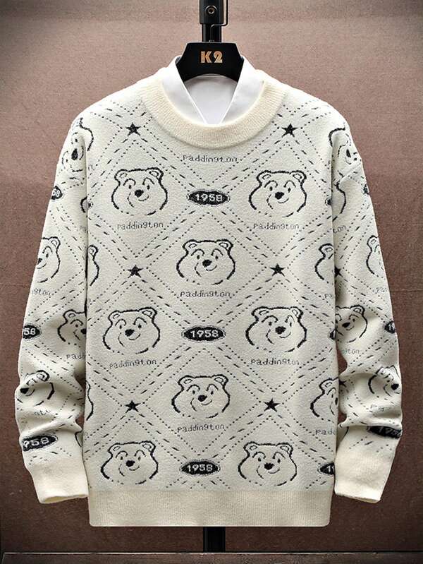 Men Bear & Letter Pattern Sweater Without Shirt