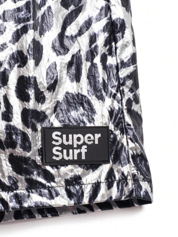 Men Leopard Print Drawstring Waist Swim Trunks