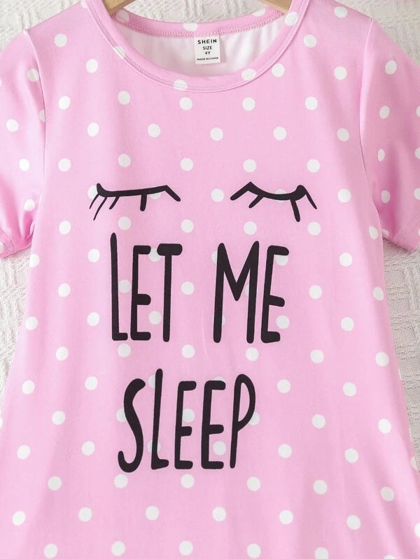 Young Girl Eyelash & Slogan Graphic Polka Dot Print Nightdress