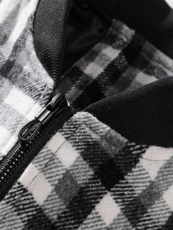 Men Plaid Print Zip Up Bomber Jacket Without Tee