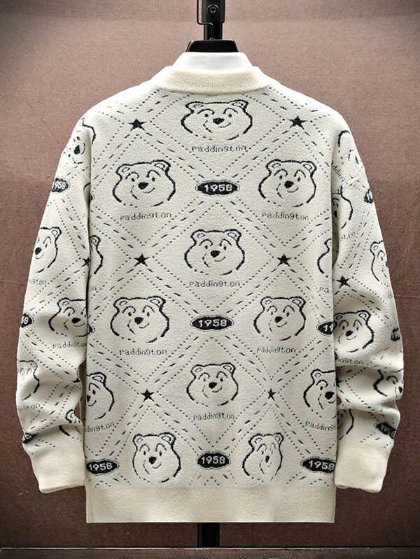 Men Bear & Letter Pattern Sweater Without Shirt