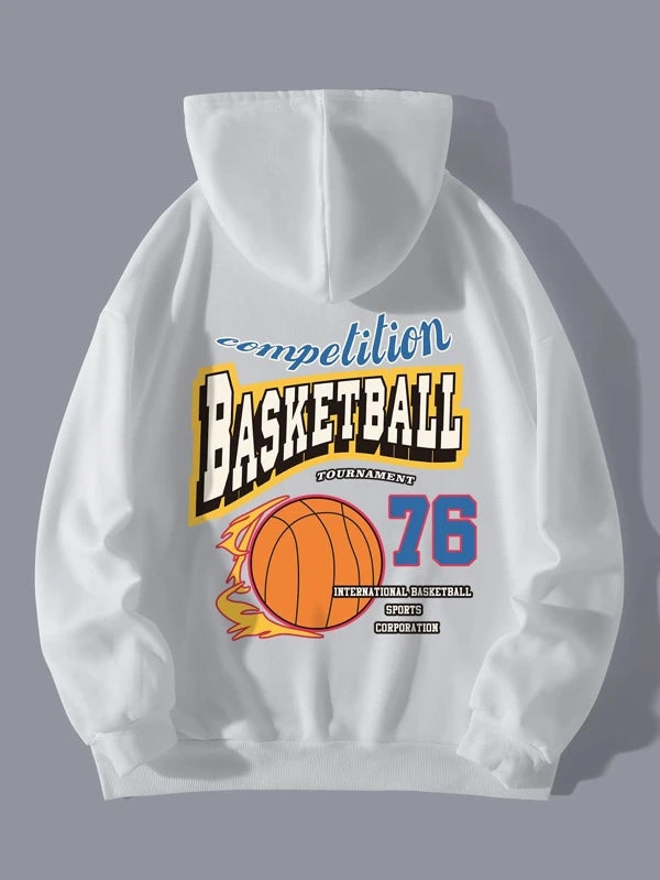 SHEIN EZwear Basketball & Letter Graphic Drawstring Thermal Hoodie