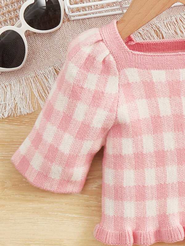 SHEIN Kids EVRYDAY Toddler Girls Gingham Pattern Sweater