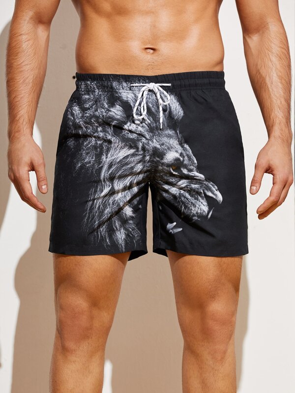 Men 3D Lion Print Drawstring Waist Swim Trunks