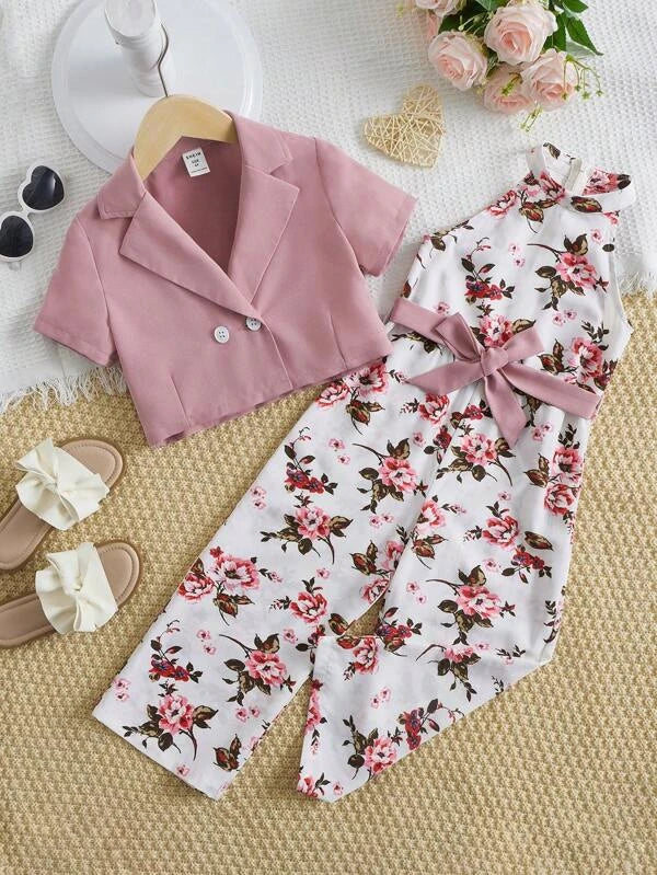 SHEIN Toddler Girls Floral Print Belted Cami Jumpsuit & Blouse