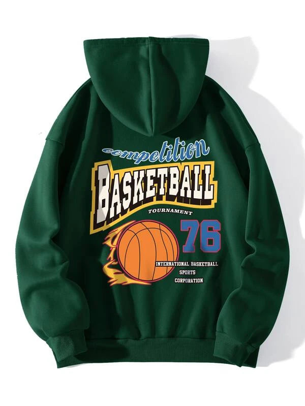 SHEIN EZwear Basketball & Letter Graphic Drawstring Thermal Hoodie