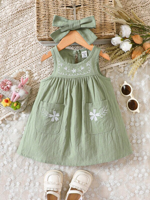 Baby Floral Embroidery Dual Pocket Dress