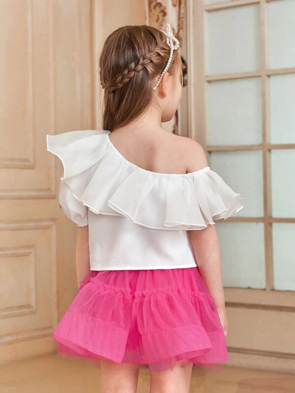 Toddler Girls One Shoulder Ruffle Trim Puff Sleeve Blouse