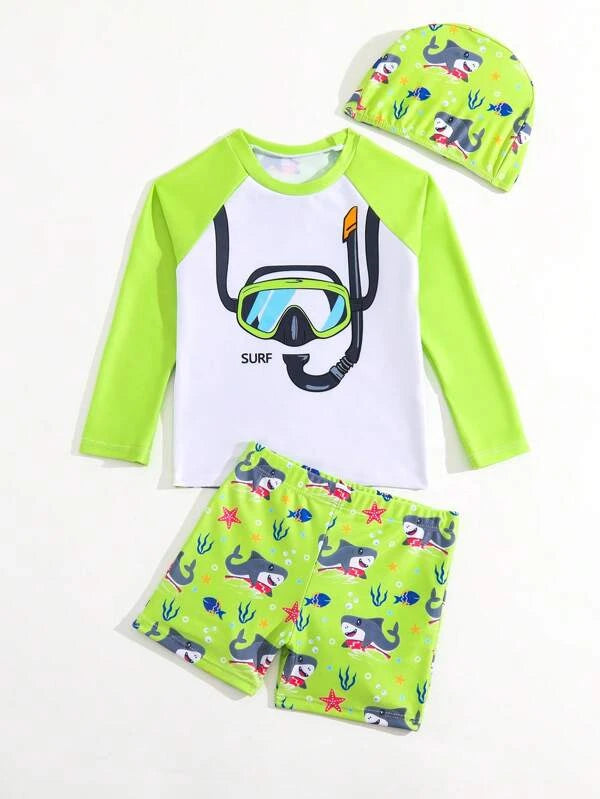 SHEIN Kids QTFun Toddler Boys Cartoon Graphic Beach Swimsuit With Swim Cap