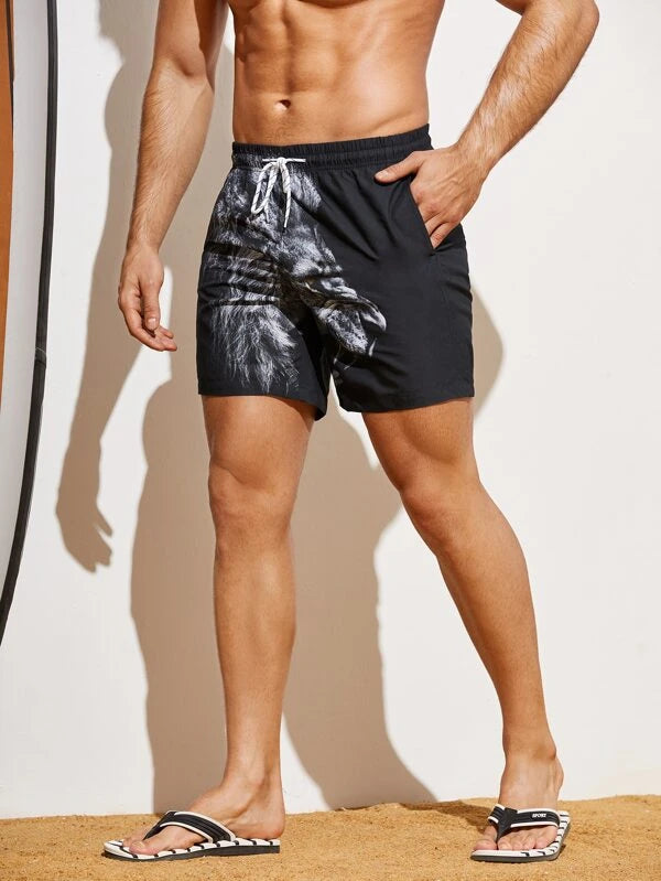 Men 3D Lion Print Drawstring Waist Swim Trunks