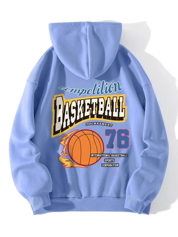 SHEIN EZwear Basketball & Letter Graphic Drawstring Thermal Hoodie