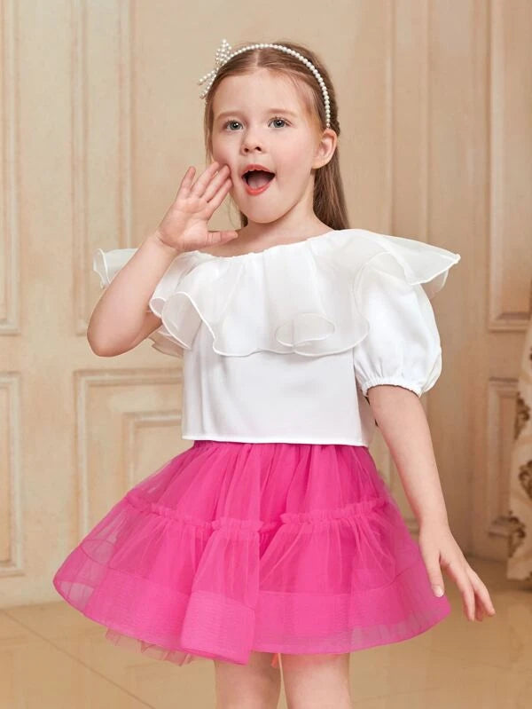 Toddler Girls One Shoulder Ruffle Trim Puff Sleeve Blouse