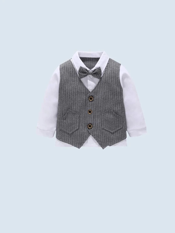 Toddler Boys Bow Front Shirt & Pinstriped Vest Jacket & Pants