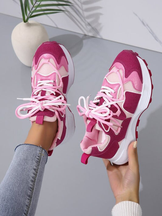 Women Lace Up Color Block Running Shoes, Sporty Sneakers For Outdoor