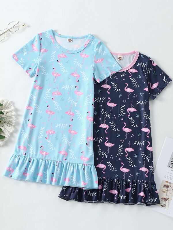 SHEIN Kids QTFun Toddler Girls 2pcs Flamingo Print Ruffle Hem Sleep Dress